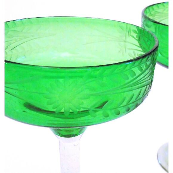 Hand Blown Margarita Glasses 2 Artisan Etched Glass Green Bowl 6.5" Clear Stems - Picture 5 of 6